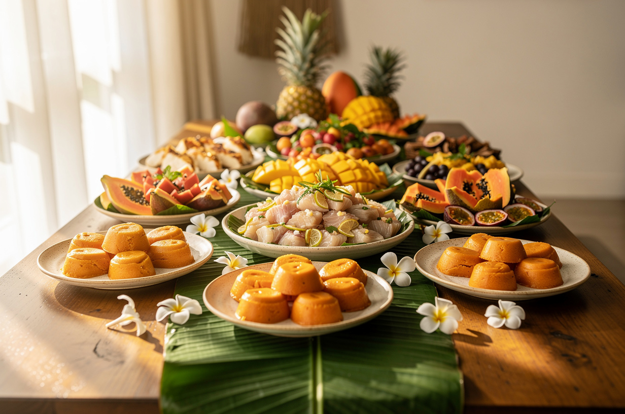 Buffet traiteur polynésien dressé avec fruits exotiques, poisson cru et fleurs de tiaré