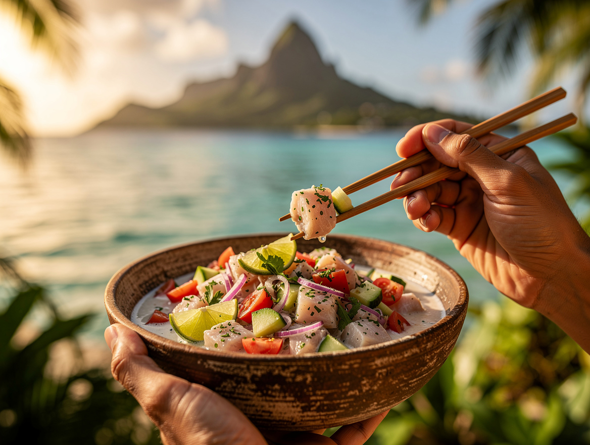 Bol de poisson cru tahitien au lait de coco servi à la main, lagon de Bora Bora en arrière-plan